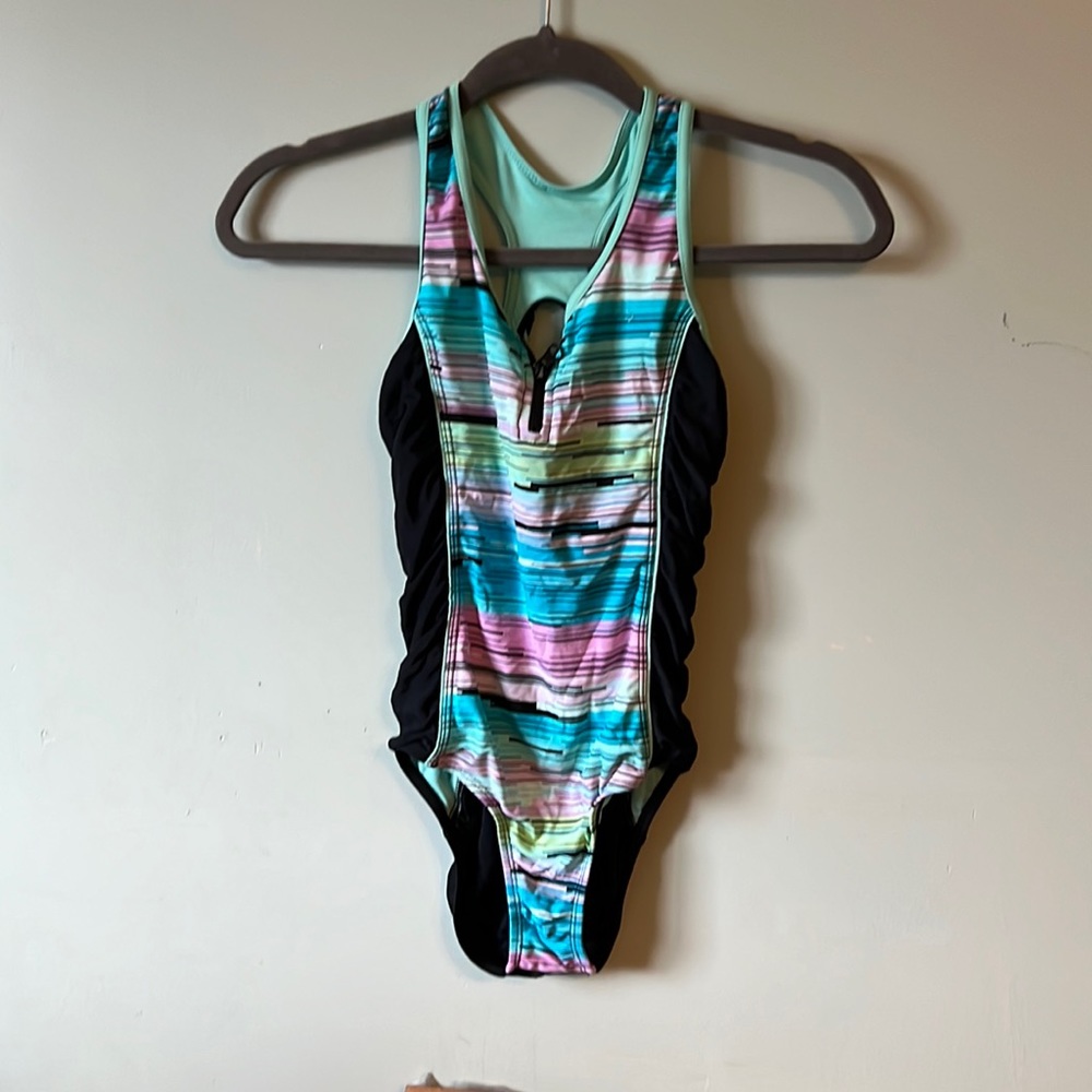 Xhileration Coconut girl teal striped 90s one piece tank suit S zip up